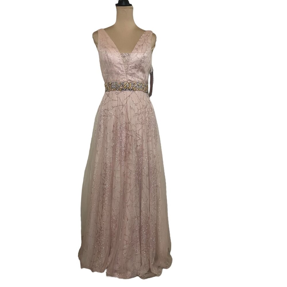 NWT Jovani Tulle Overlay Prom Dress Embellished Waistline Gown in Café Size 4